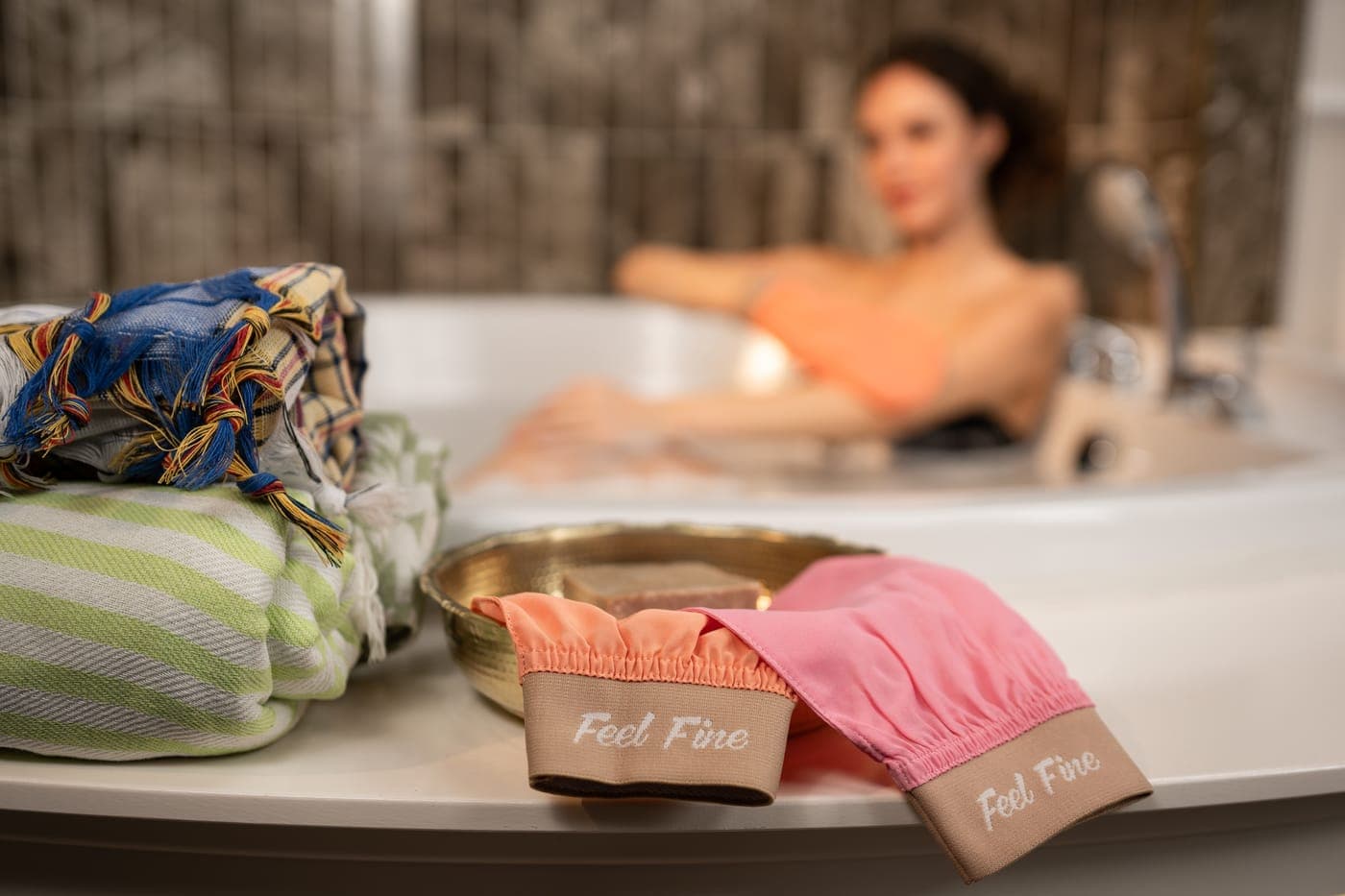 Salmon pink vegan plant silk exfoliating kese, woven from plant-based fibre