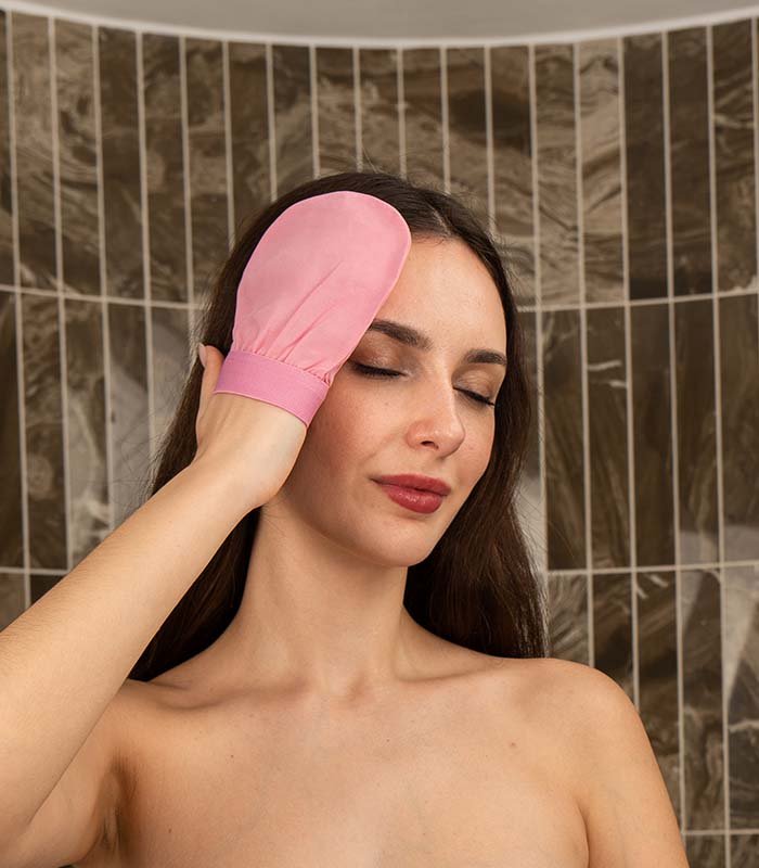 Candy Pink Plant Silk Face Exfoliating Mitt for Sensitive Skin