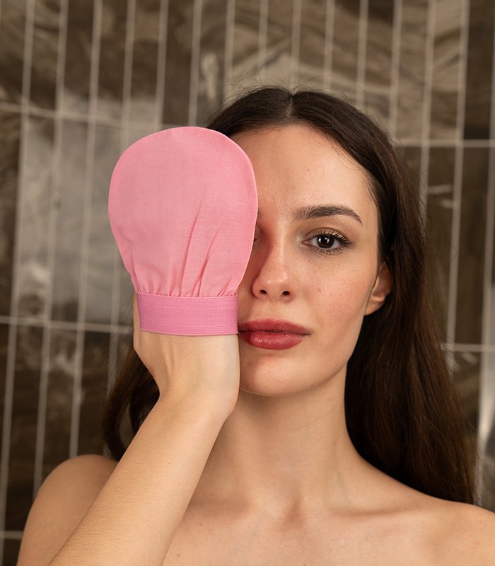 Candy Pink Plant Silk Face Exfoliating Mitt for Sensitive Skin
